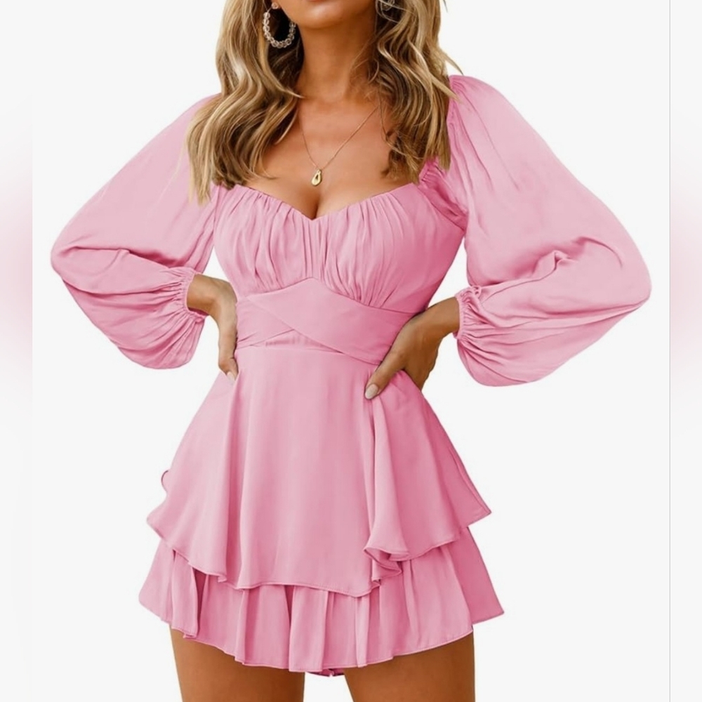 Off The Shoulder Lantern Long Sleeve Ruffle Tie Mini Romper, Light Pink - XL